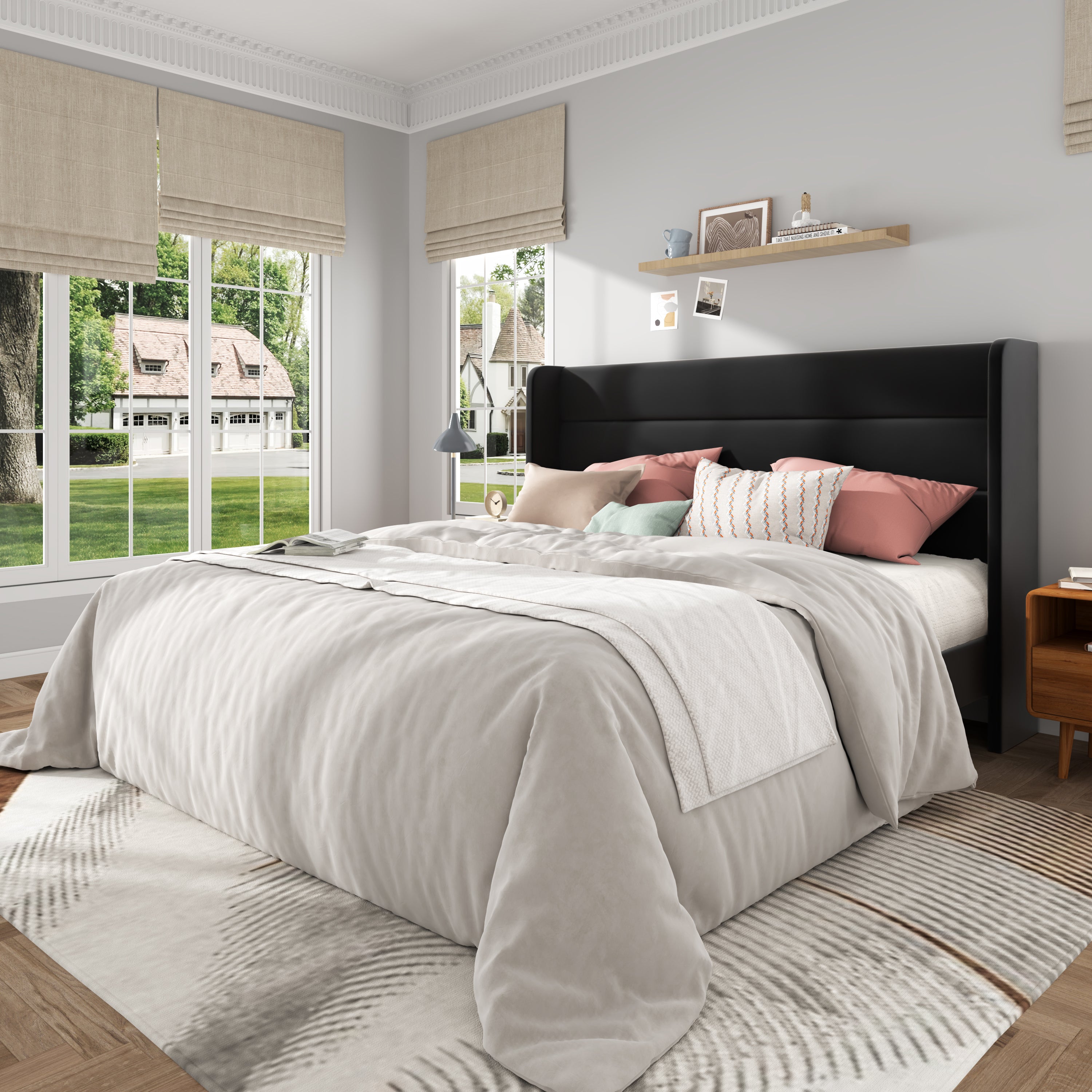 Frostbloom Bed Frame with  Upholstered Wingback Headboard, No Box Spring Needed