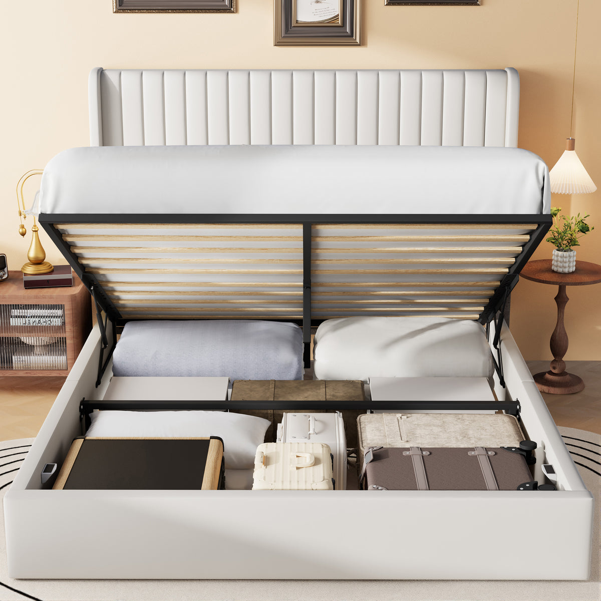 Frostbloom Queen Size Velvet Lift Up Storage Bed with Wingback Headboard, Off-White