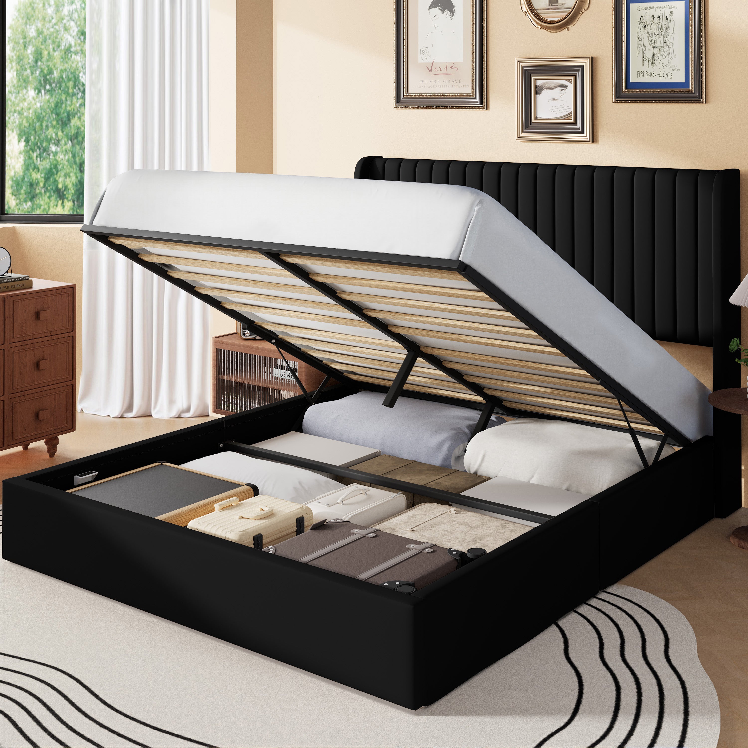 Frostbloom Lift Up Storage Bed with Wingback Headboard
