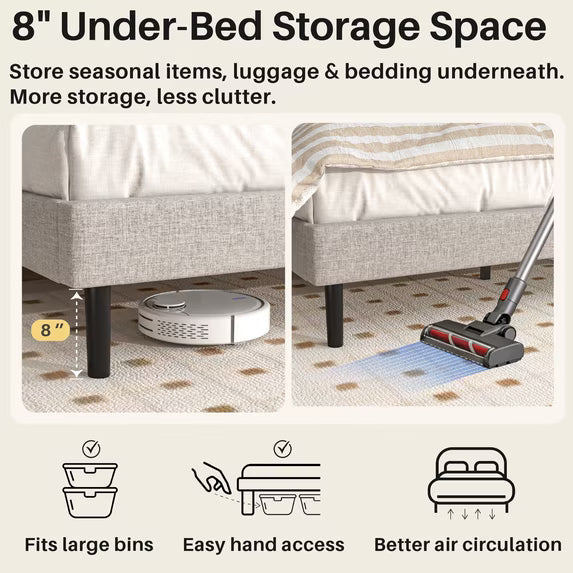 Frostbloom King Size Bed Frame with Usb & Type-C Charging Station and Linen Fabric Wingback Headboard, Beige