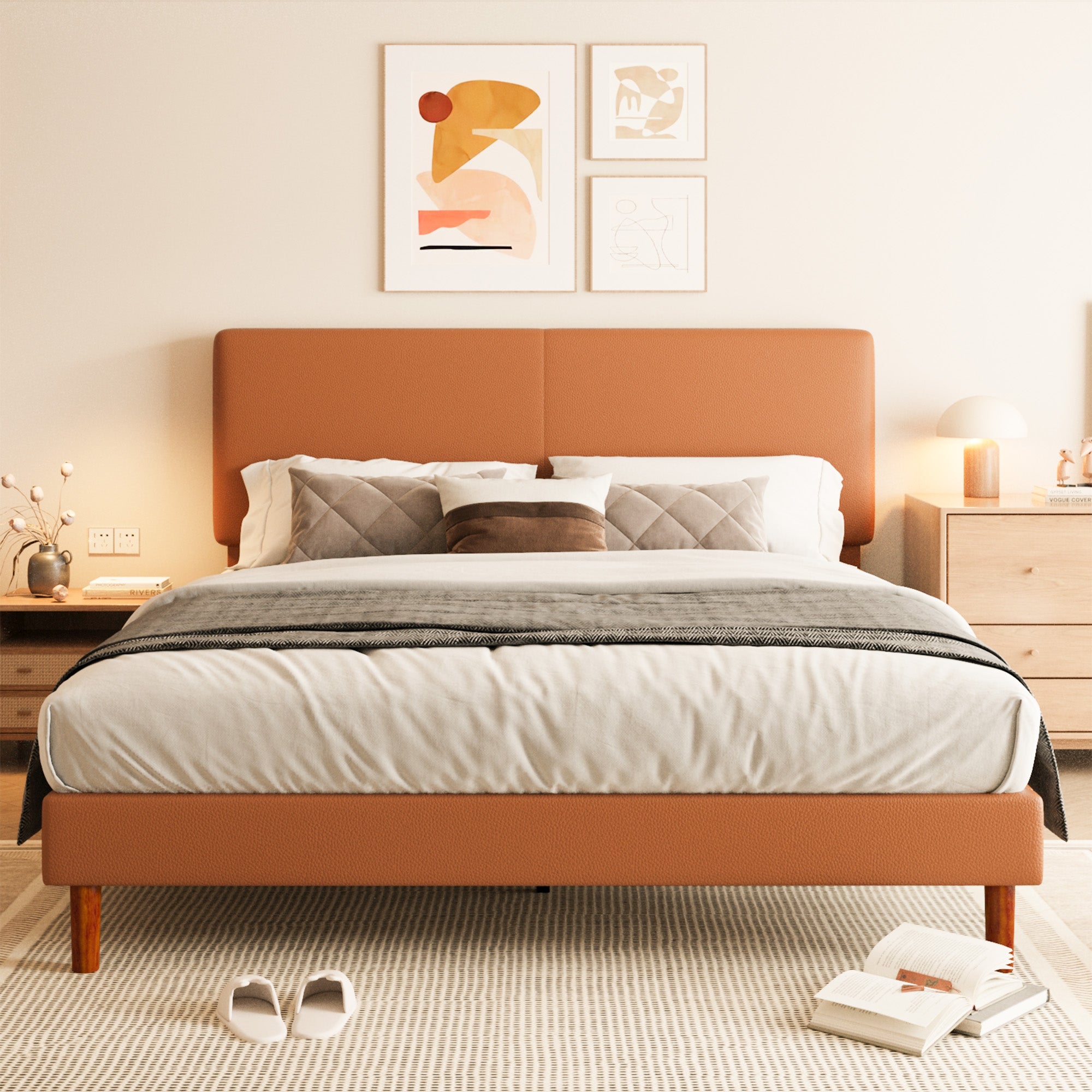 Frostbloom Faux Leather Platform Bed Frame with Adjustable Headboard