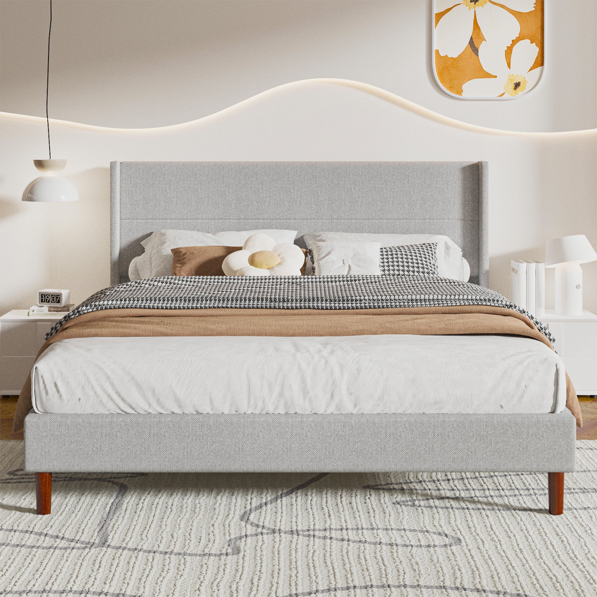 Frostbloom Platform Bed Frame, Linen Upholstered Wingback Headboard