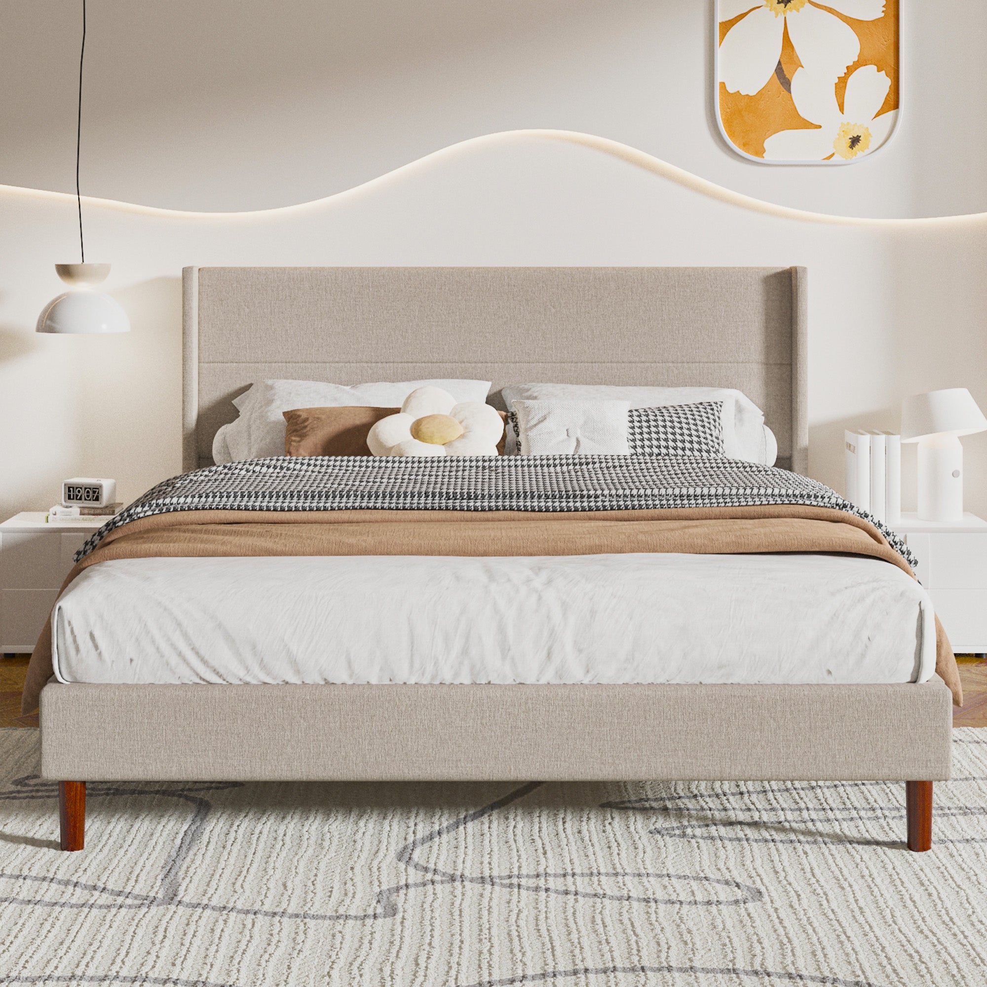 Frostbloom Platform Bed Frame, Linen Upholstered Wingback Headboard