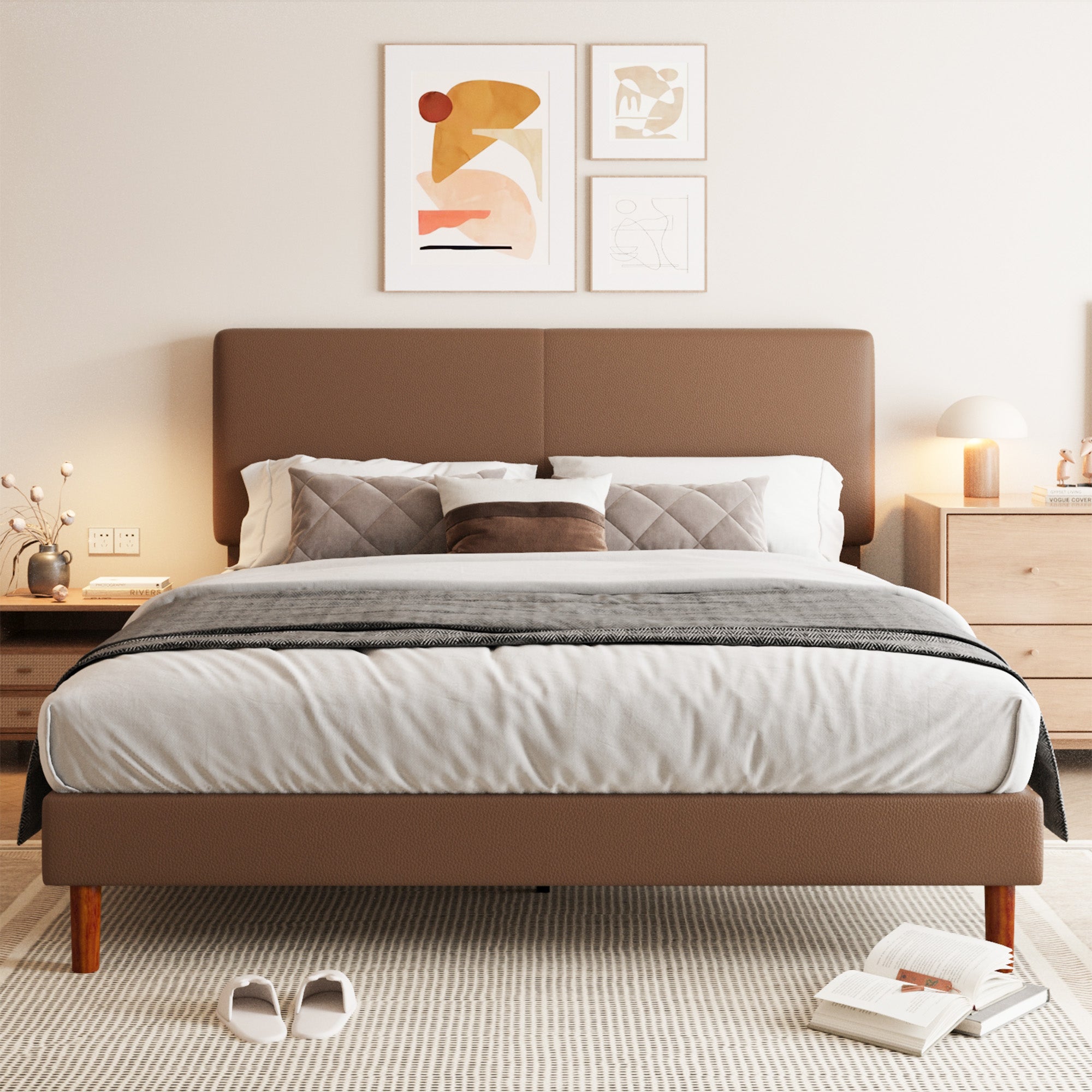 Frostbloom Faux Leather Platform Bed Frame with Adjustable Headboard