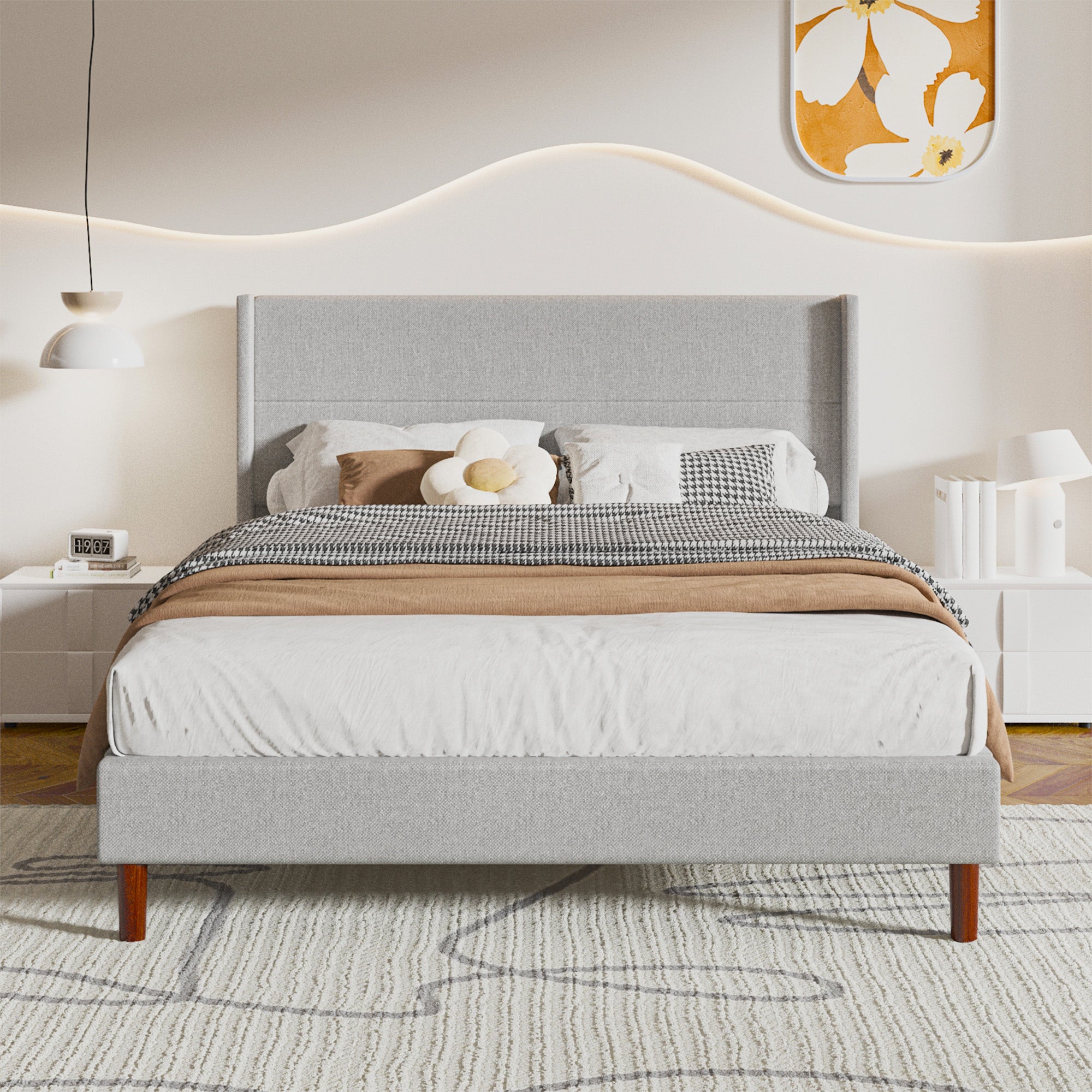 Frostbloom Platform Bed Frame, Linen Upholstered Wingback Headboard