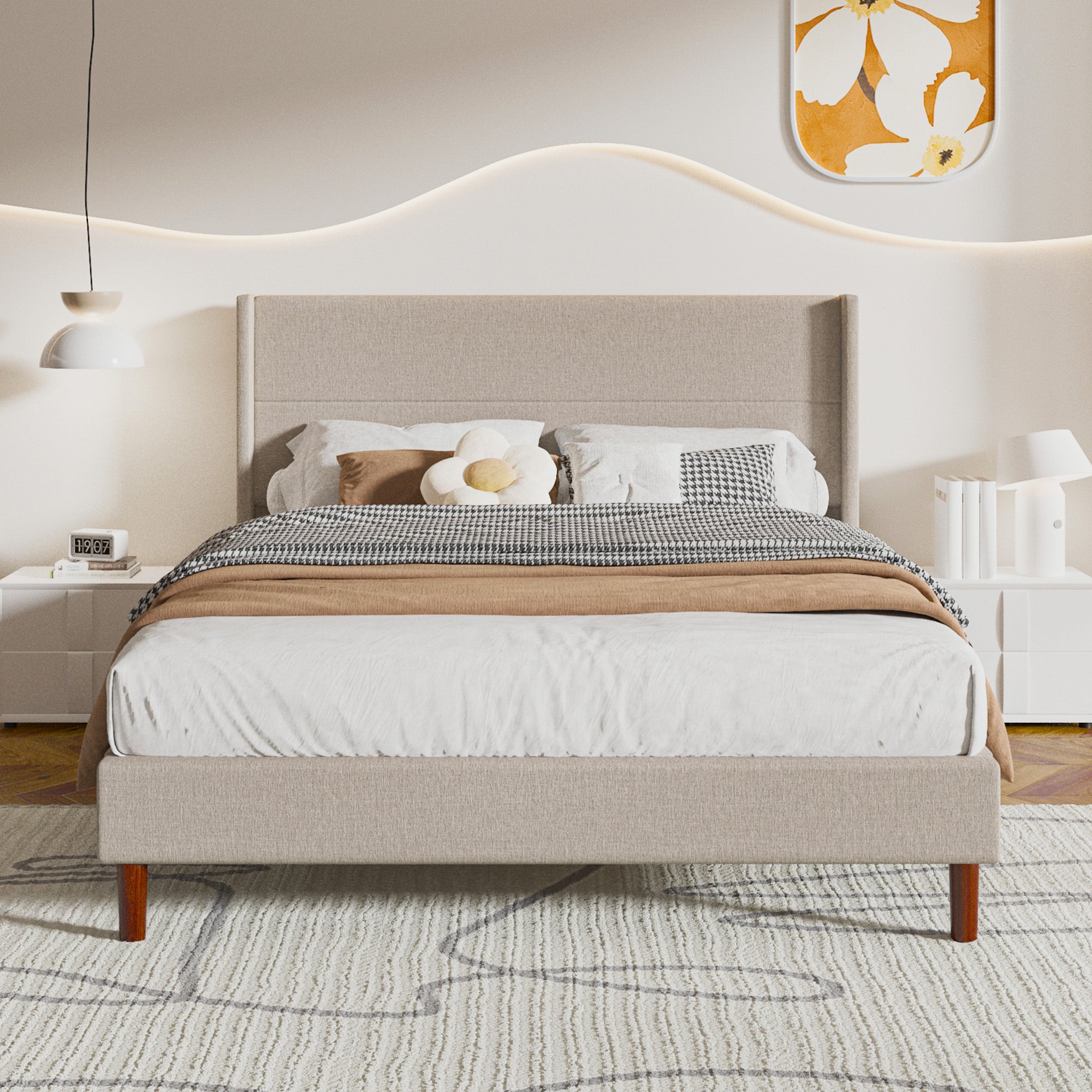 Frostbloom Platform Bed Frame, Linen Upholstered Wingback Headboard