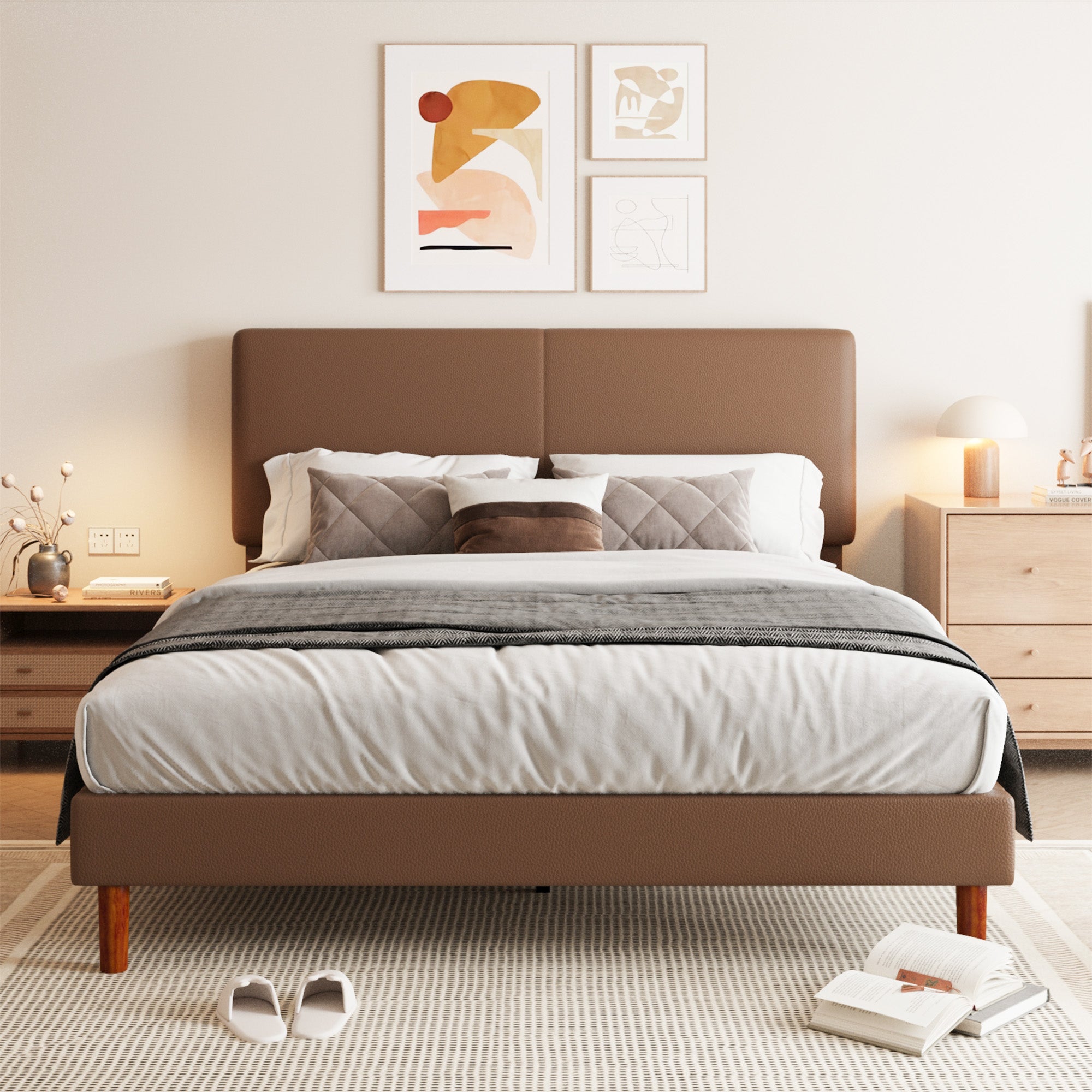 Frostbloom Faux Leather Platform Bed Frame with Adjustable Headboard