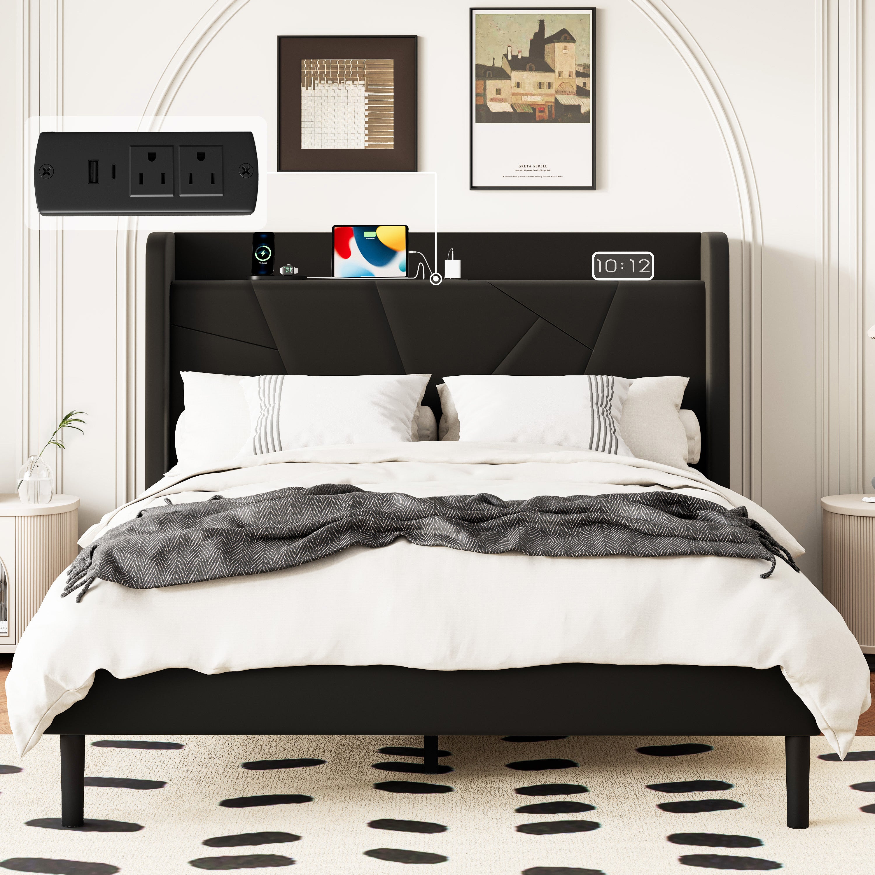 Frostbloom Platform Bed Frame with USB & Type-C Chargers