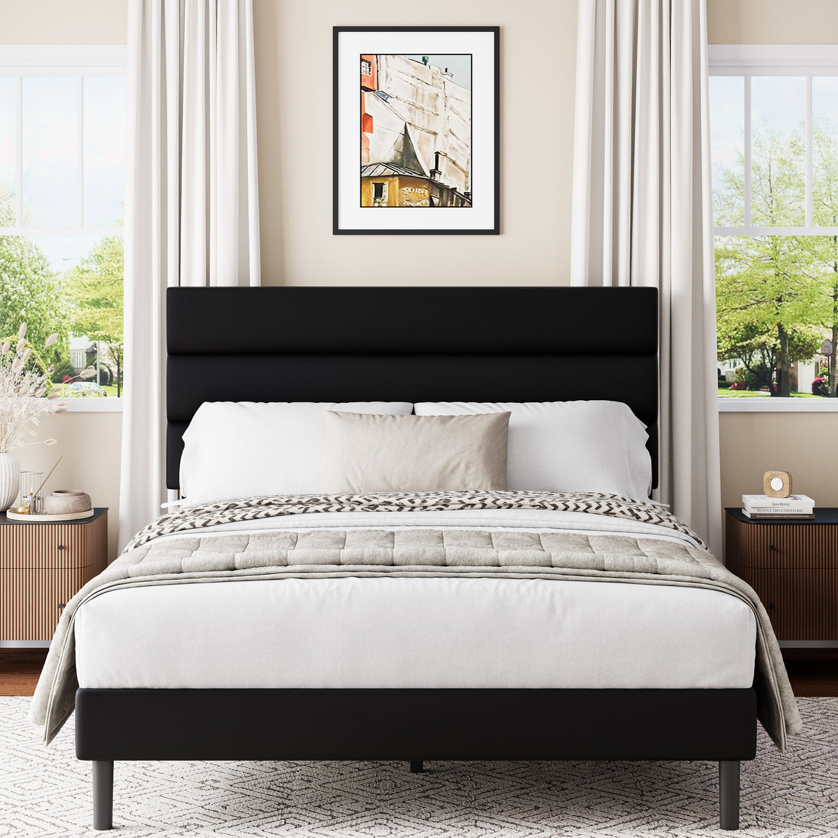 Frostbloom Queen Size Platform Bed Frame with Velvet Upholstered Headboard, No Box Spring Needed, Black