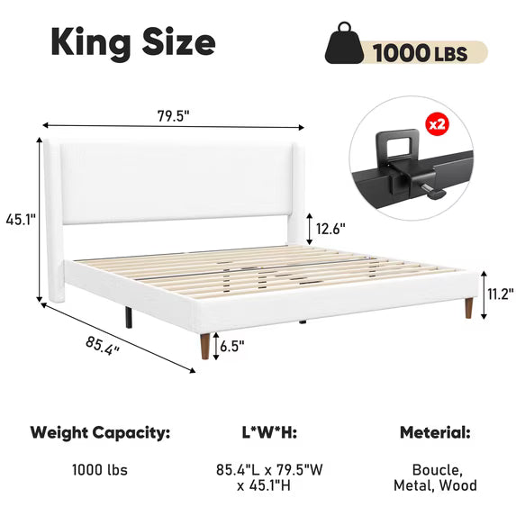 Frostbloom King Size Boucle Upholstered Platform Bed Frame with Wingback Headboard, White