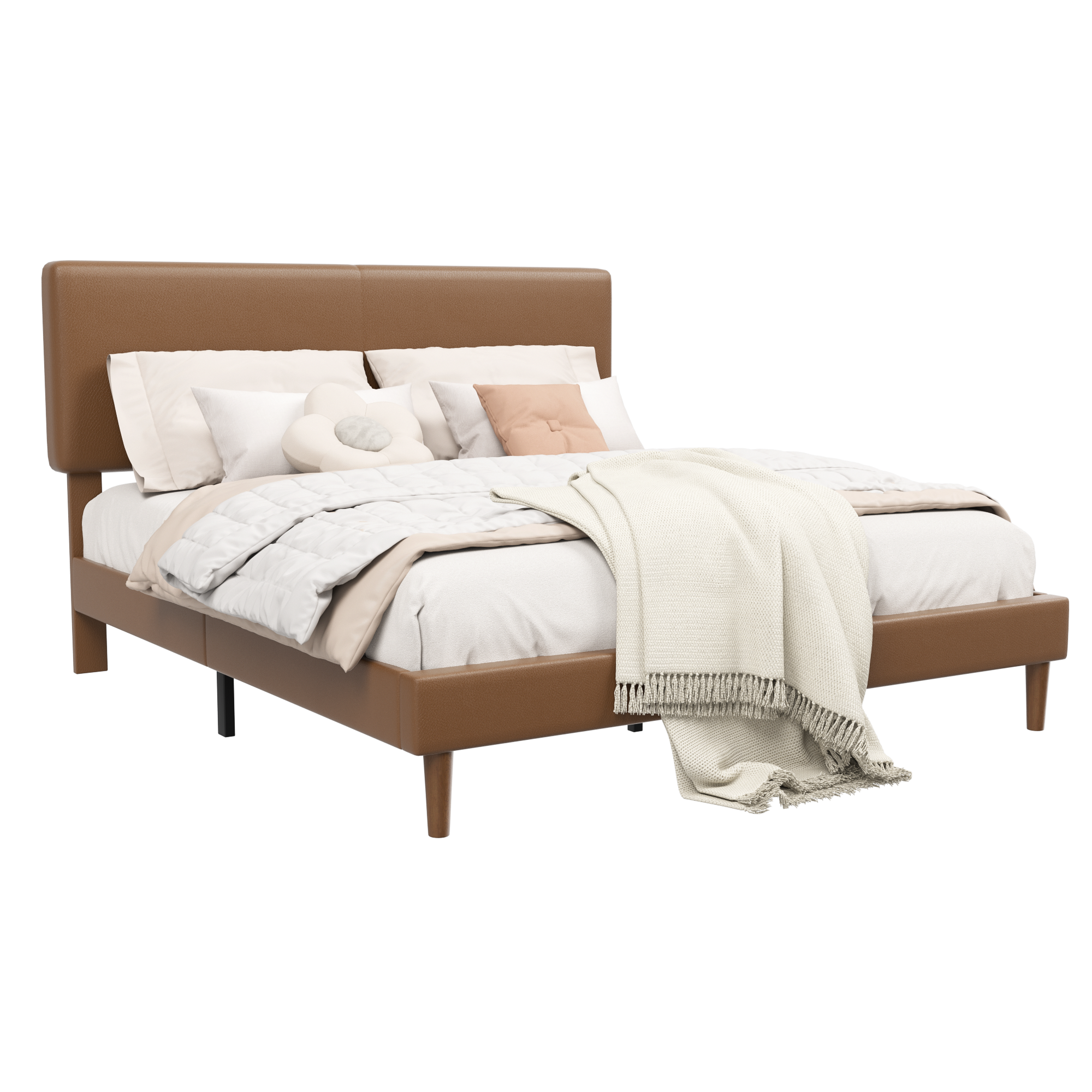 Frostbloom Faux Leather Upholstered Platform Bed Frame with Adjustable Headboard