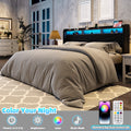 Frostbloom King Size Velvet Upholstered Platform Bed with Geometric Wingback Headboard, LED Light, Storage Shelves & Built-in Charging Station, Black