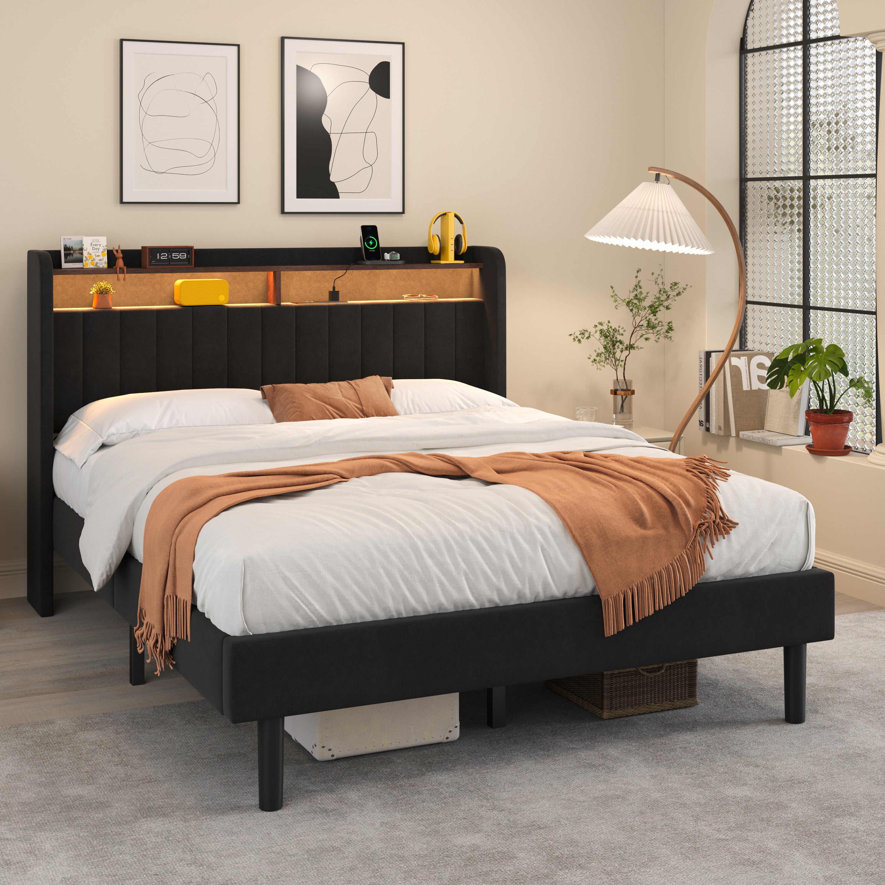 Frostbloom Full Size Velvet Bed with Vertical Striped Wingback Headboard, Double Storage Shelves & Built-in Outlets, Black
