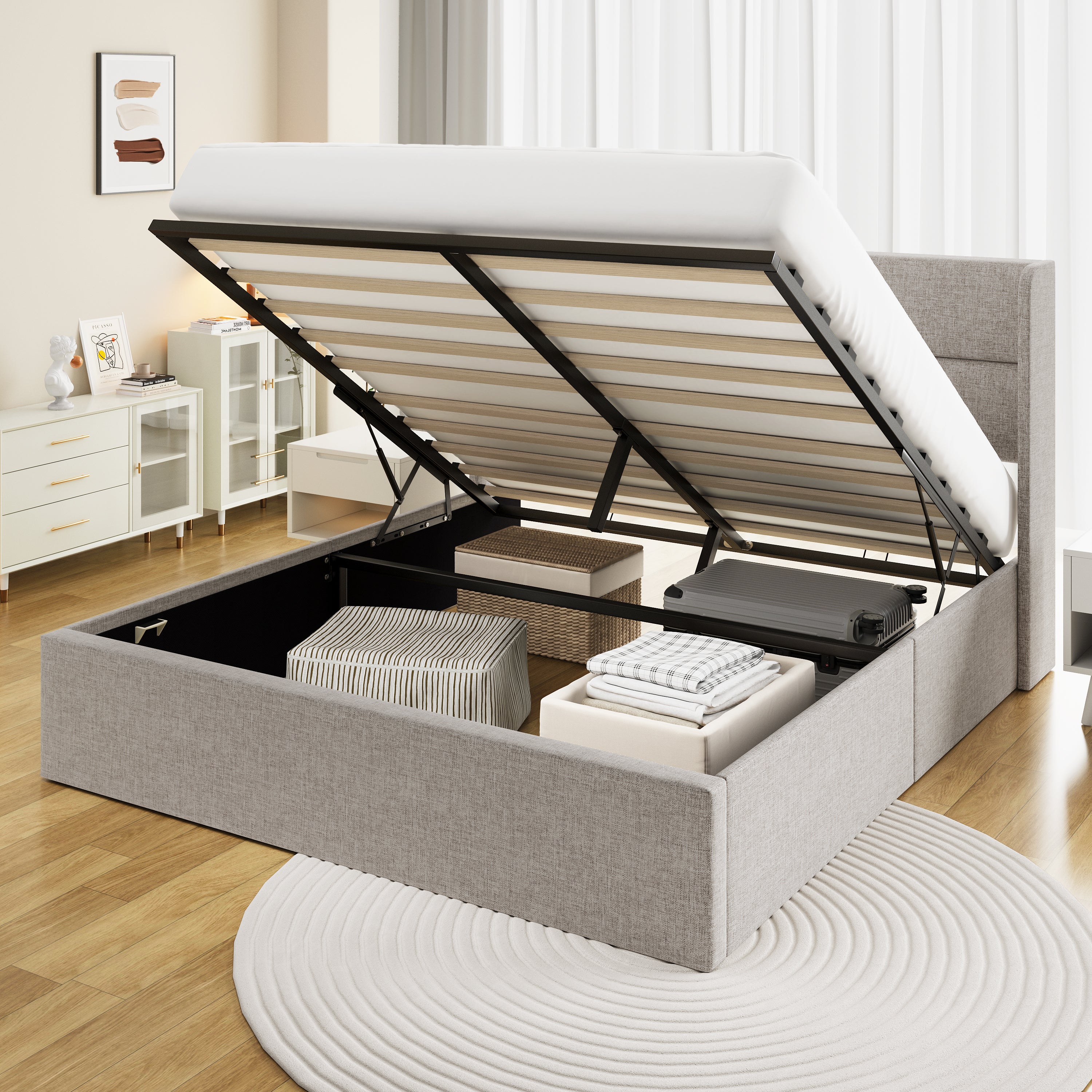 Frostbloom Platform Bed with 2-Panel  Upholstered Wingback Headboard, Lift Up Storage Frame