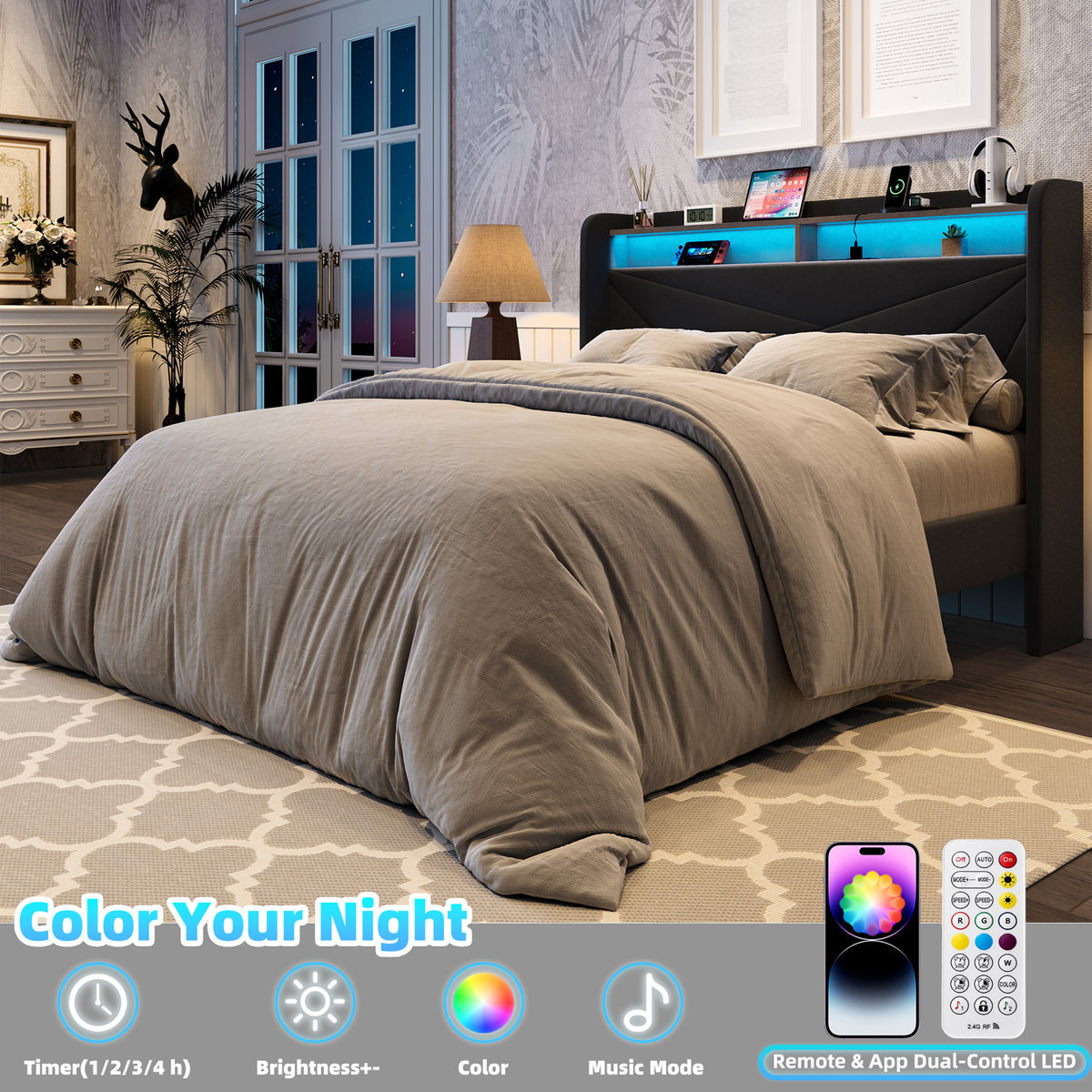 Frostbloom Full Size Velvet Upholstered Platform Bed with Geometric Wingback Headboard, LED Light, Storage Shelves & Built-in Charging Station, Black