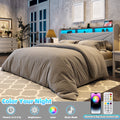 Frostbloom King Size Linen Upholstered Platform Bed with Geometric Wingback Headboard, LED Light, Storage Shelves & Built-in Charging Station, Gray