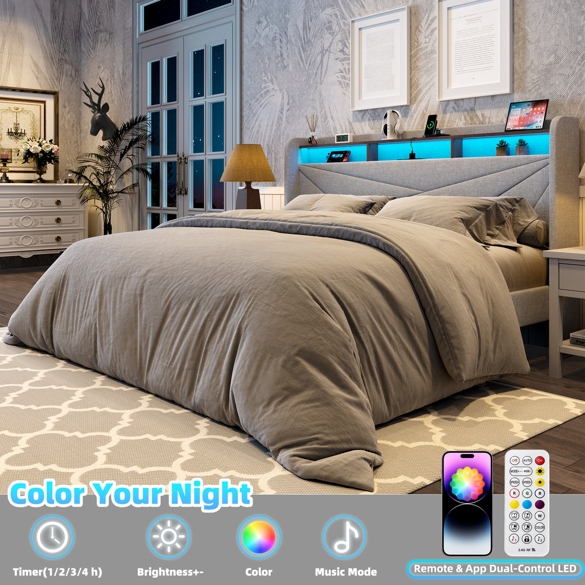 Frostbloom King Size Linen Upholstered Platform Bed with Geometric Wingback Headboard, LED Light, Storage Shelves & Built-in Charging Station, Gray