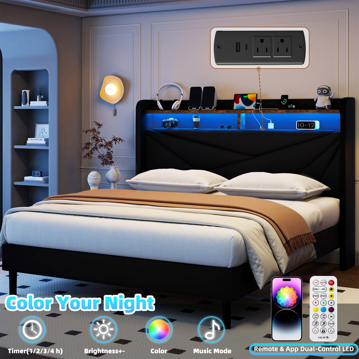 Frostbloom Full Size Upholstered Platform Bed with Velvet Fabric, Geometric Wingback Headboard, LED Lights, Storage Shelves & Built-in Charging Station, Black