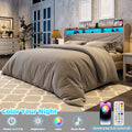 Frostbloom King Size Linen Upholstered Platform Bed with Geometric Wingback Headboard, LED Light, Storage Shelves & Built-in Charging Station, Beige