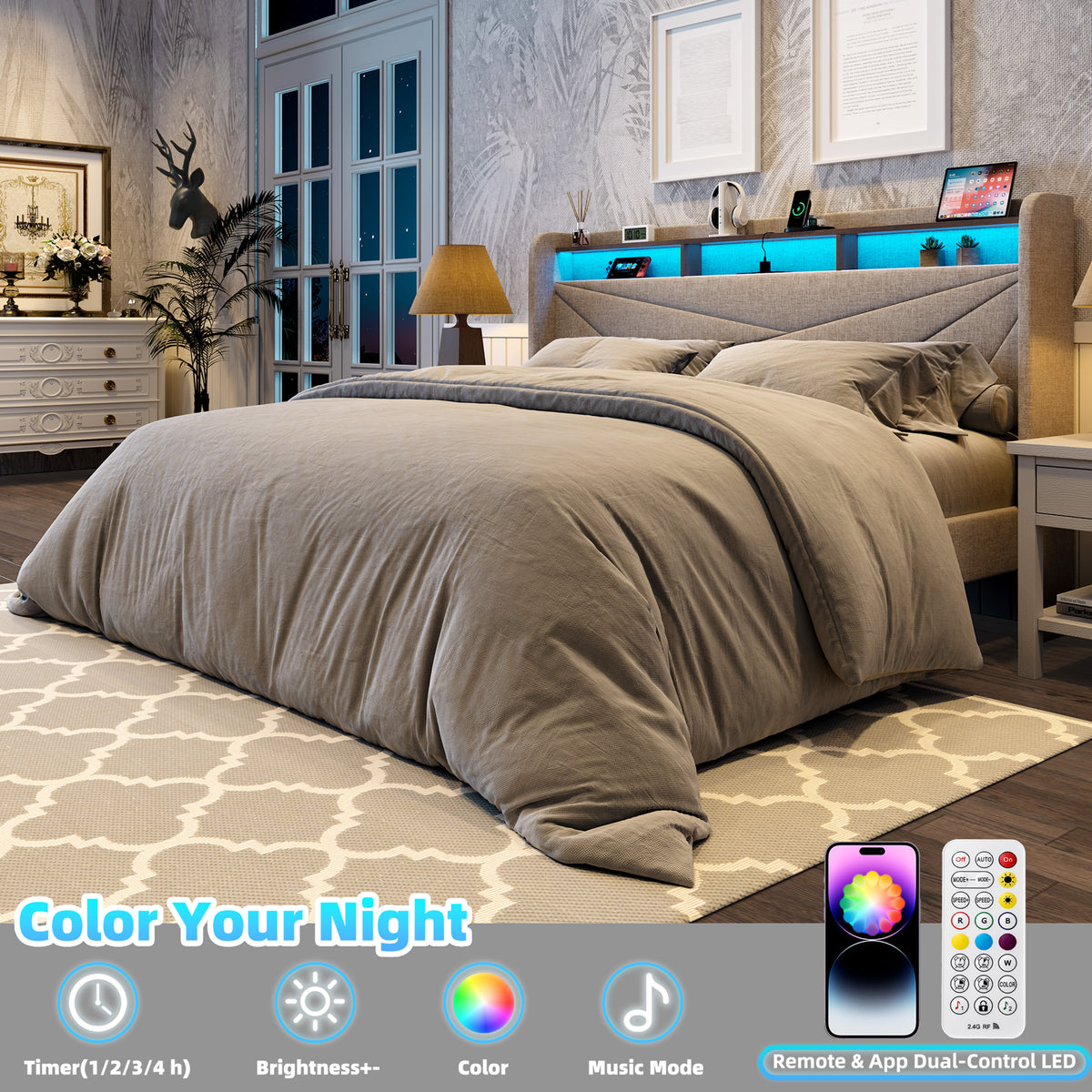 Frostbloom King Size Linen Upholstered Platform Bed with Geometric Wingback Headboard, LED Light, Storage Shelves & Built-in Charging Station, Beige