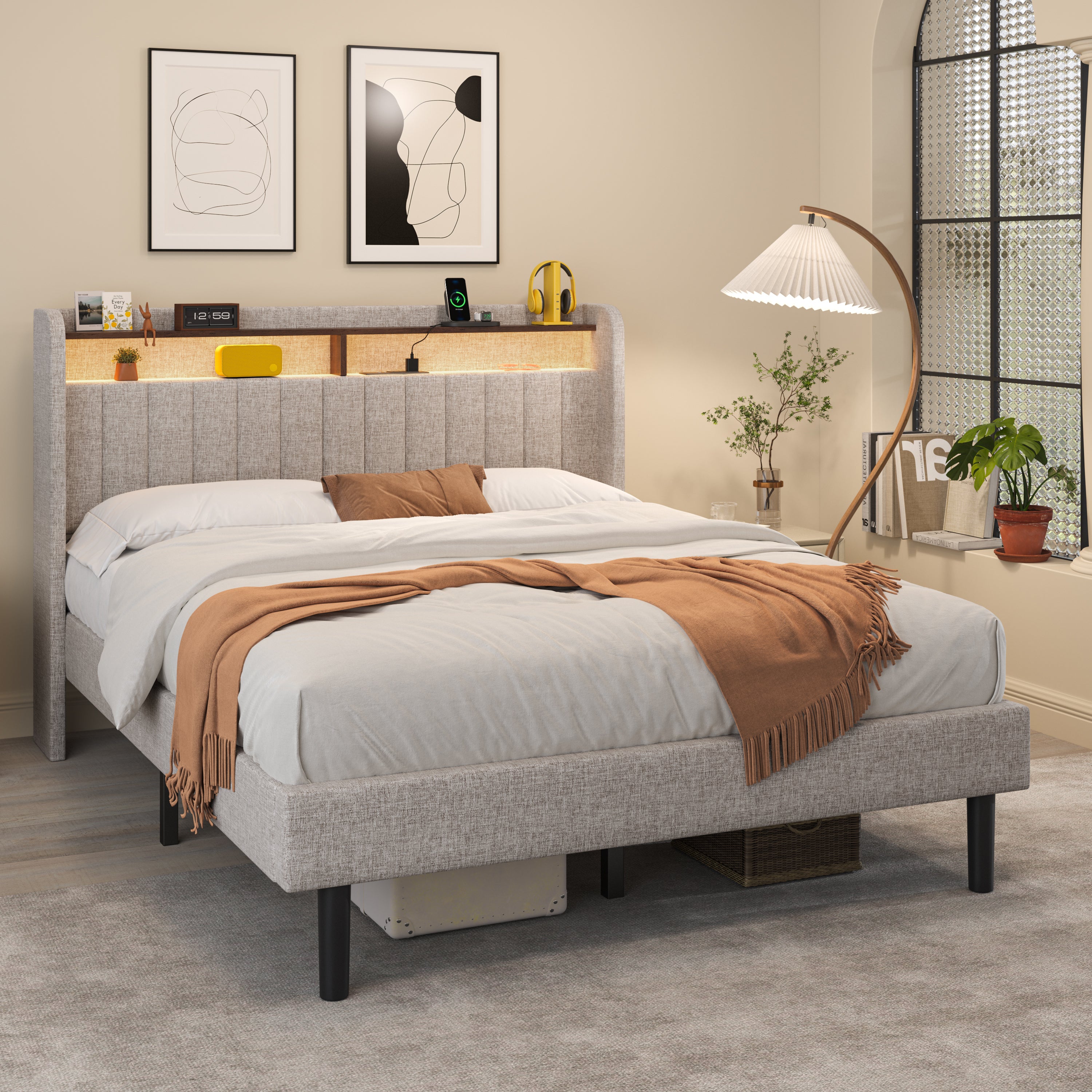 Frostbloom Full Size Linen Fabric Bed with Vertical Striped Wingback Headboard, Double Storage Shelves & Built-in Outlets, Beige
