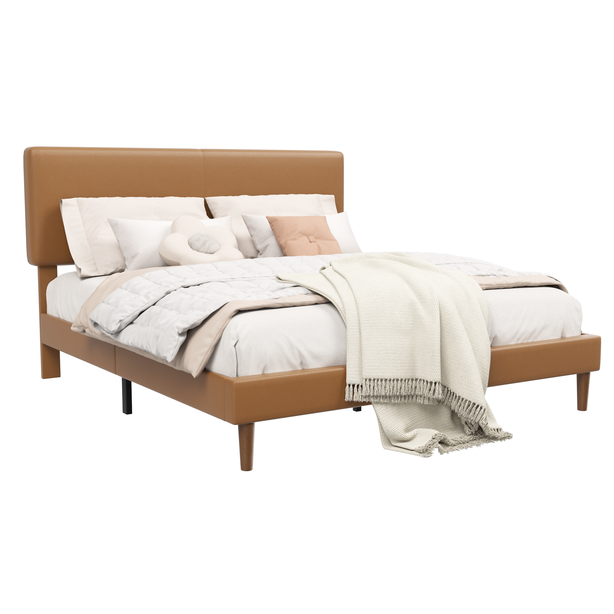 Frostbloom Faux Leather Upholstered Platform Bed Frame with Adjustable Headboard