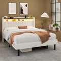 Frostbloom Queen Size Velvet Bed with Vertical Striped Wingback Headboard, Double Storage Shelves & Built-in Outlets, Off-White