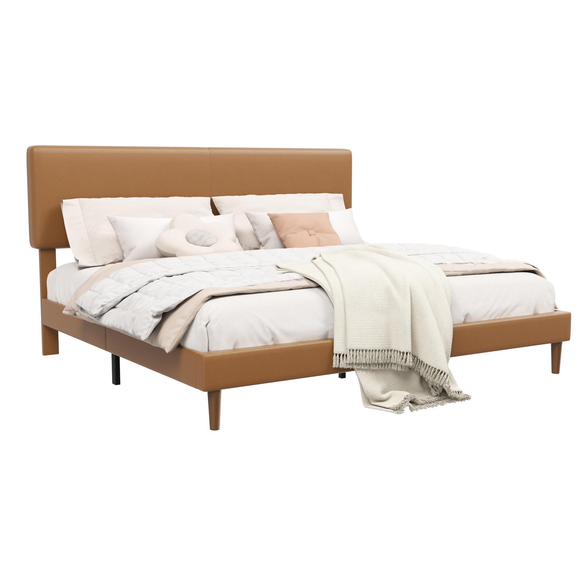 Frostbloom Faux Leather Upholstered Platform Bed Frame with Adjustable Headboard