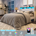 Frostbloom Queen Size Velvet Upholstered Platform Bed with Geometric Wingback Headboard, LED Light, Storage Shelves & Built-in Charging Station, Off-White