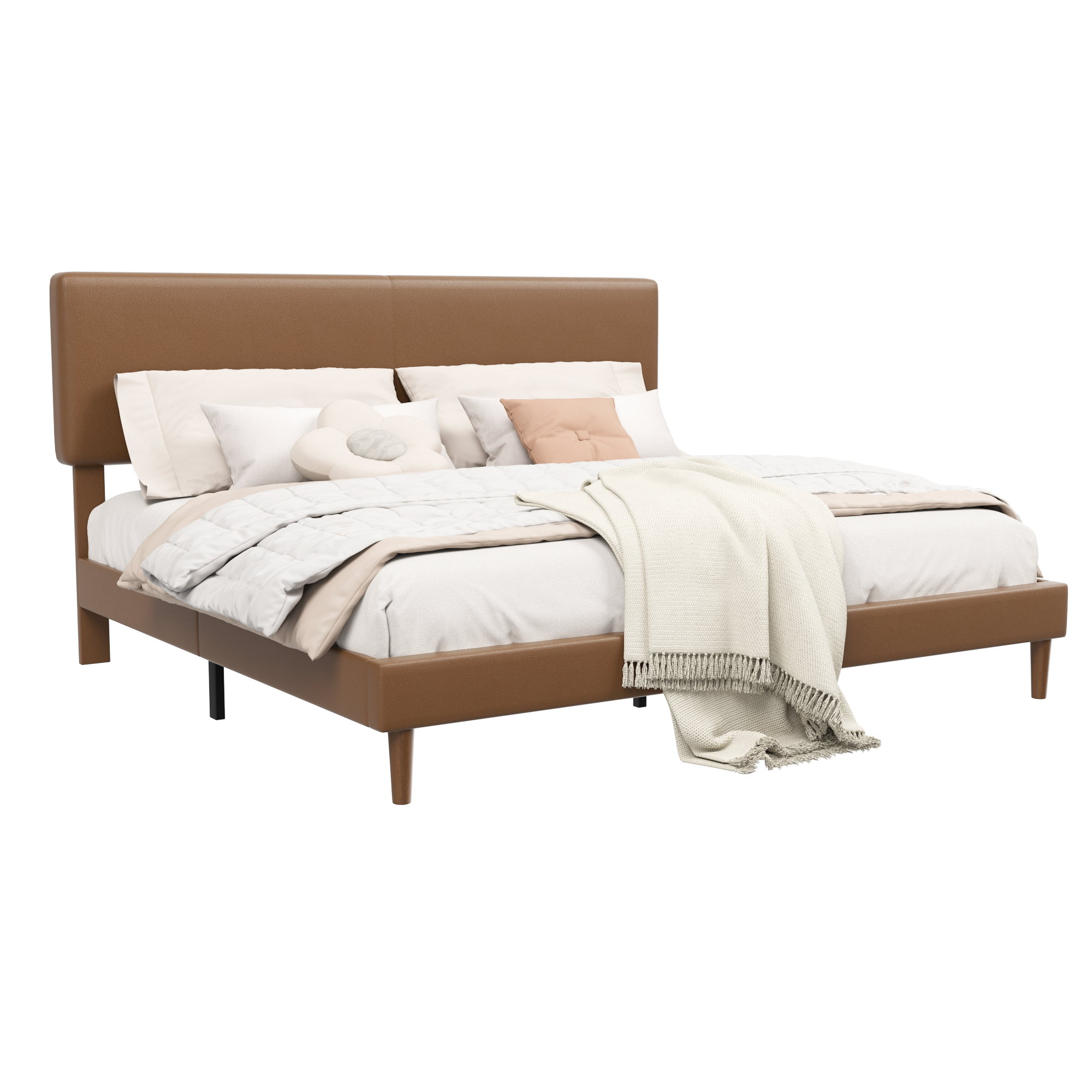 Frostbloom Faux Leather Upholstered Platform Bed Frame with Adjustable Headboard