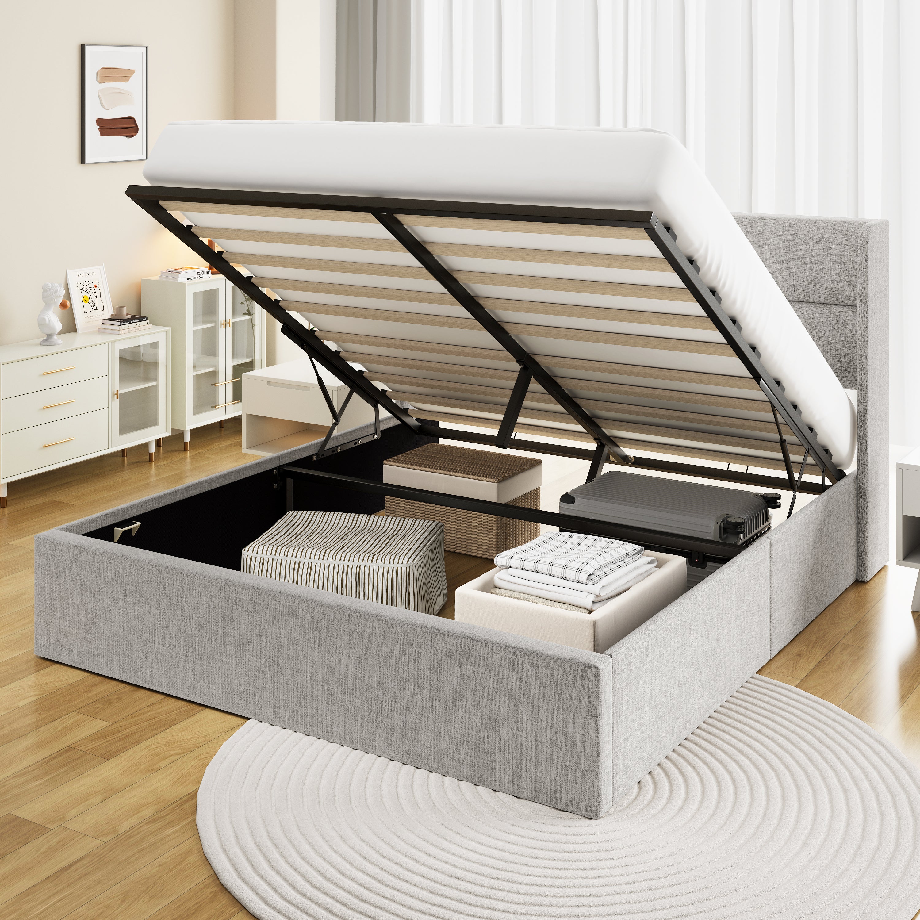 Frostbloom Platform Bed with 2-Panel  Upholstered Wingback Headboard, Lift Up Storage Frame