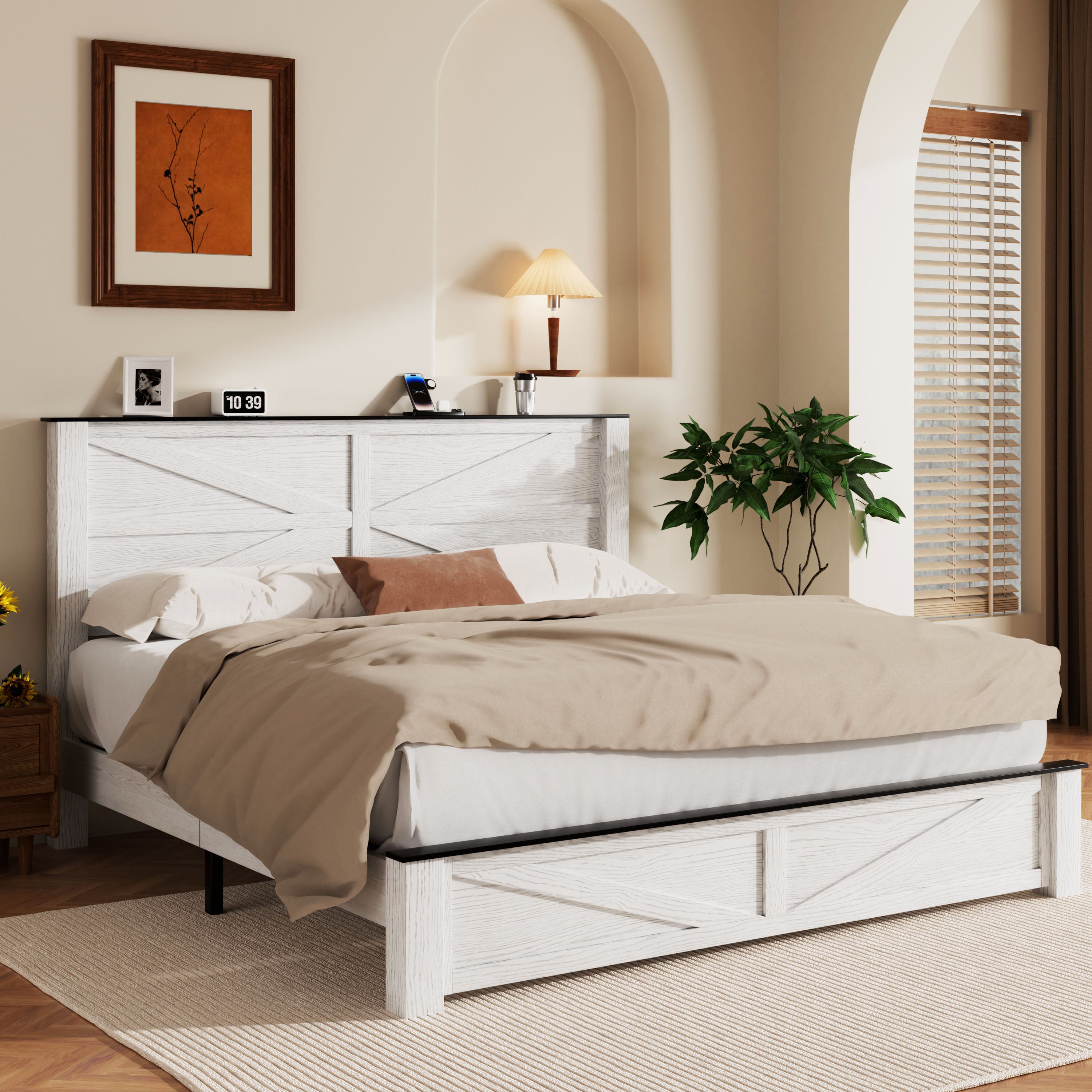 Frostbloom Platform Bed Frame with Wooden Headboard, Natural Wood Grain