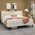 Frostbloom King Size Velvet Bed with Vertical Striped Wingback Headboard, Double Storage Shelves & Built-in Outlets, Off-White