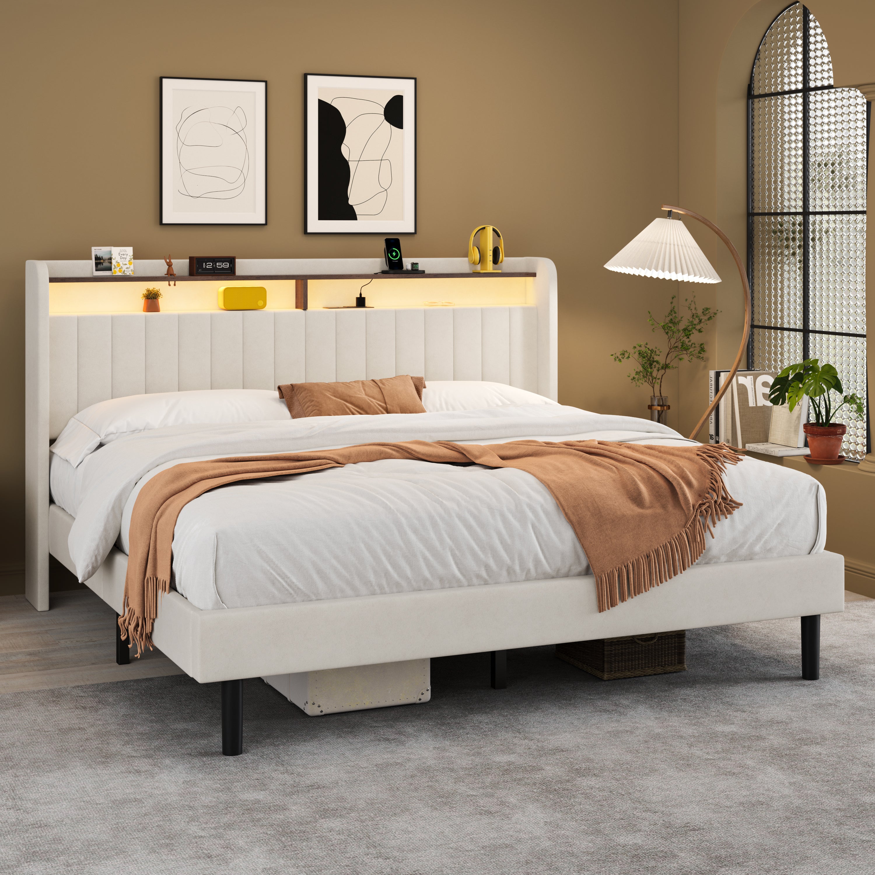 Frostbloom King Size Velvet Bed with Vertical Striped Wingback Headboard, Double Storage Shelves & Built-in Outlets, Off-White