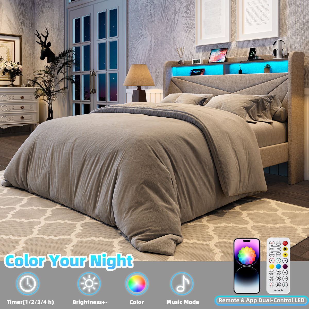Frostbloom Queen Size Linen Upholstered Platform Bed with Geometric Wingback Headboard, LED Light, Storage Shelves & Built-in Charging Station, Beige