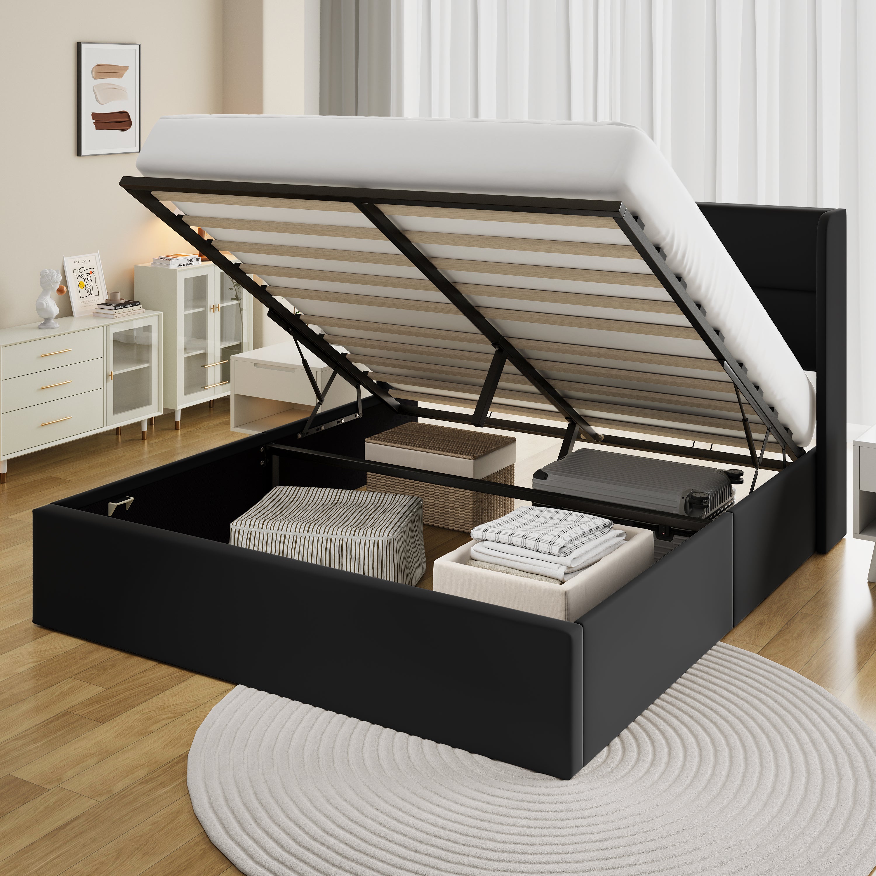 Frostbloom Platform Bed with 2-Panel  Upholstered Wingback Headboard, Lift Up Storage Frame