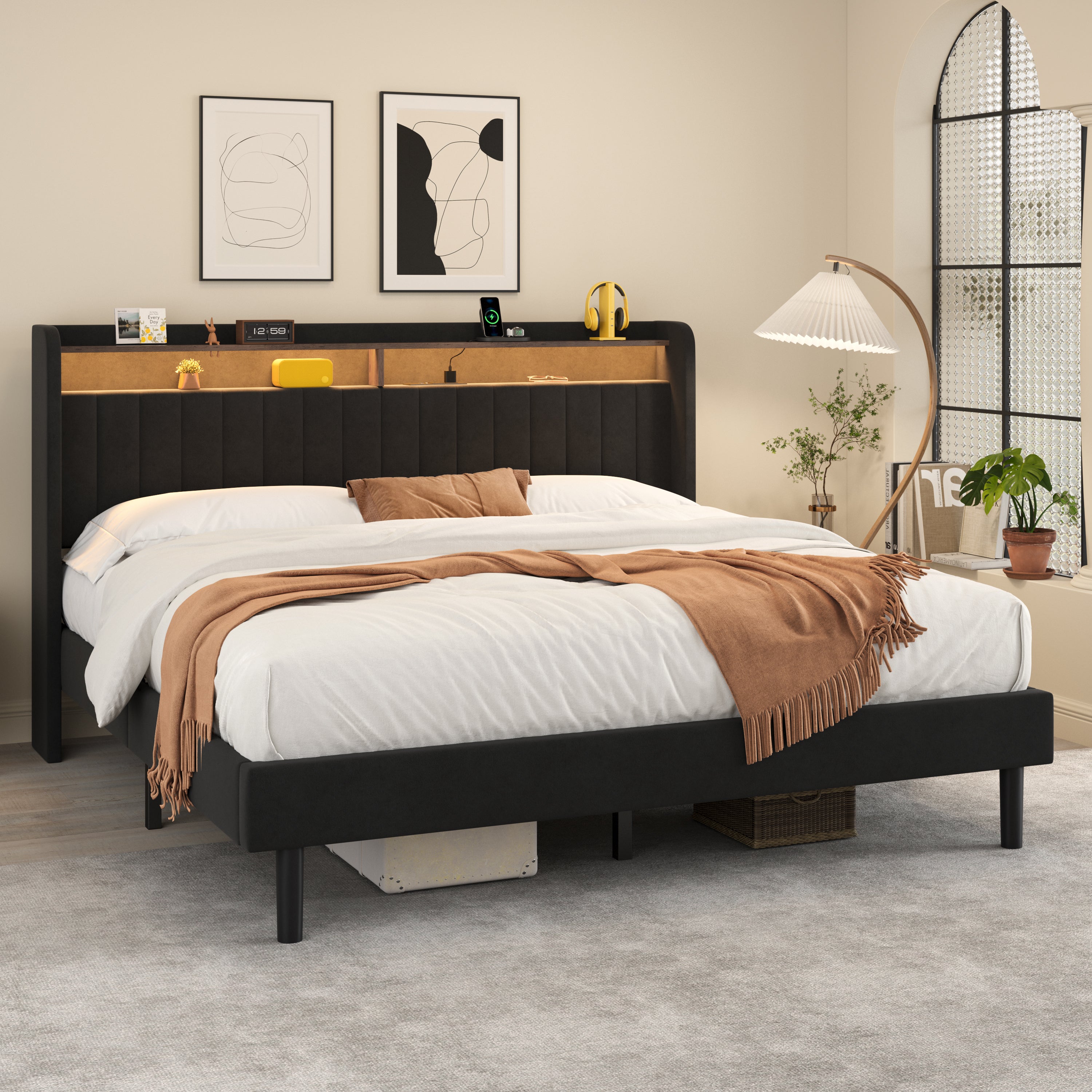 Frostbloom King Size Velvet Bed with Vertical Striped Wingback Headboard, Double Storage Shelves & Built-in Outlets, Black