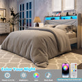Frostbloom Queen Size Linen Upholstered Platform Bed with Geometric Wingback Headboard, LED Light, Storage Shelves & Built-in Charging Station, Gray
