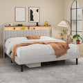 Frostbloom King Size Linen Fabric Bed with Vertical Striped Wingback Headboard, Double Storage Shelves & Built-in Outlets, Beige