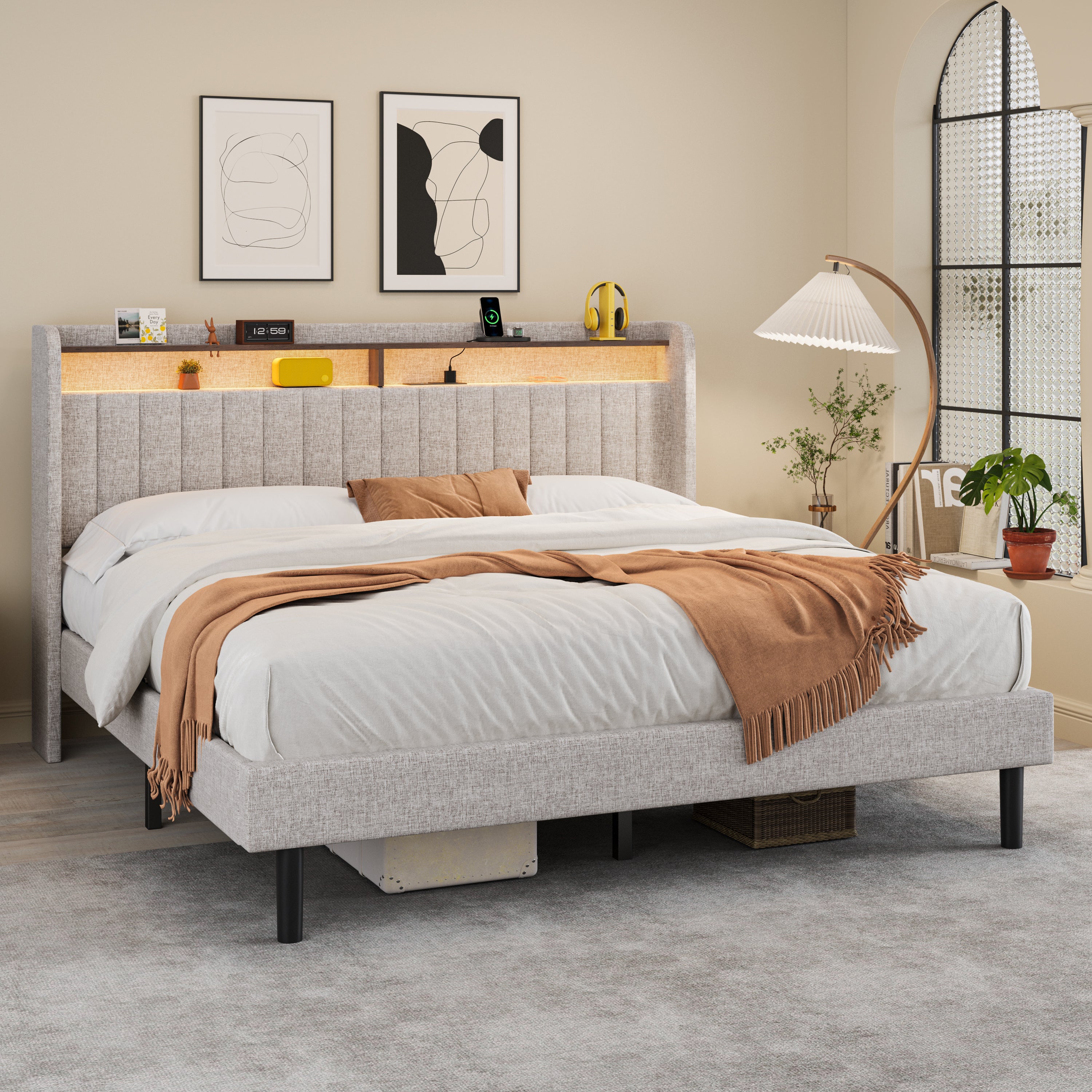 Frostbloom King Size Linen Fabric Bed with Vertical Striped Wingback Headboard, Double Storage Shelves & Built-in Outlets, Beige