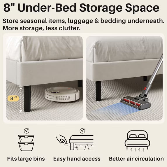 Frostbloom Queen Bed Frame with USB & Type-C Charging Station and Velvet Wingback Headboard, White