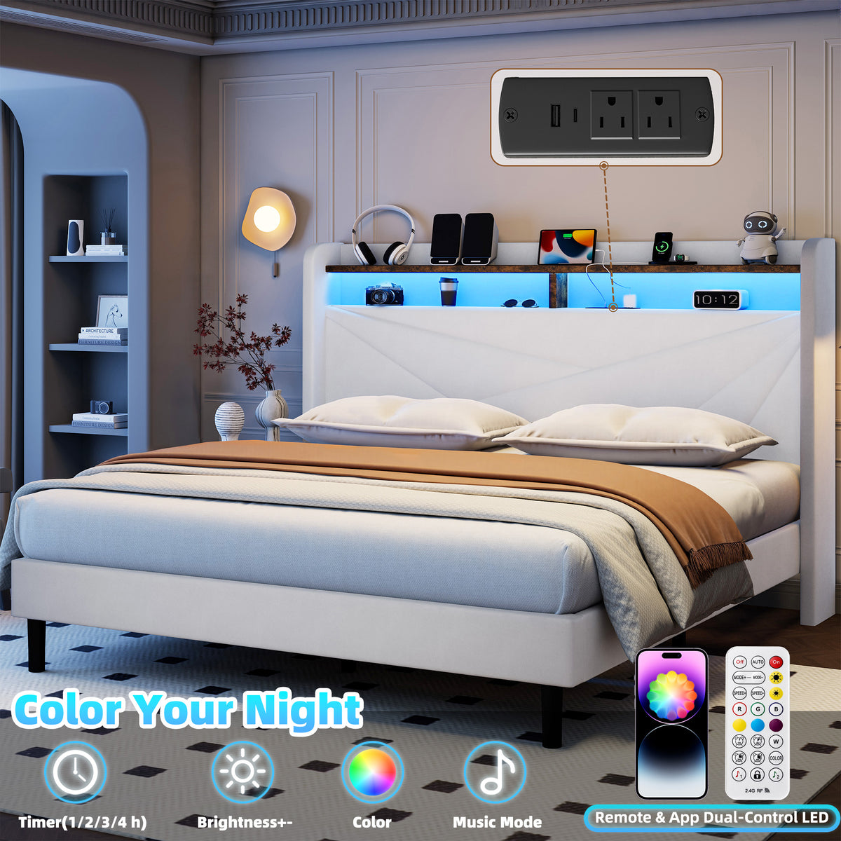 Frostbloom King Size Velvet Upholstered Platform Bed with Geometric Wingback Headboard, LED Light, Storage Shelves & Built-in Charging Station, Off-White