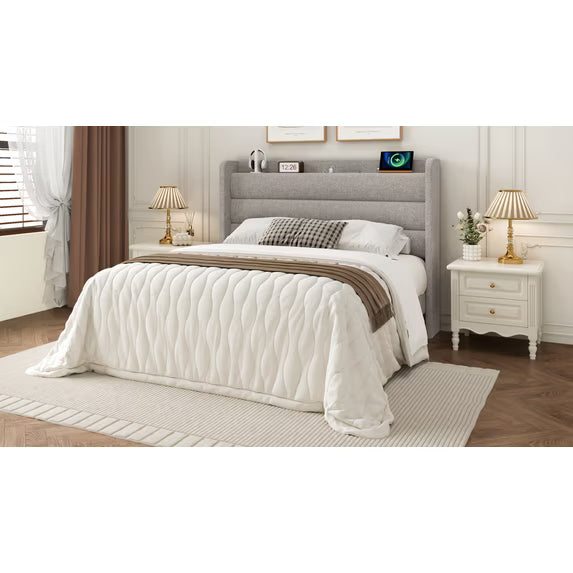 Frostbloom Full size Bed Frame with USB & Type-C Charging Station and Linen Fabric Wingback Headboard, Biege