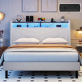 Frostbloom Full Size Velvet Upholstered Platform Bed with Geometric Wingback Headboard, LED Light, Storage Shelves & Built-in Charging Station, Off-White