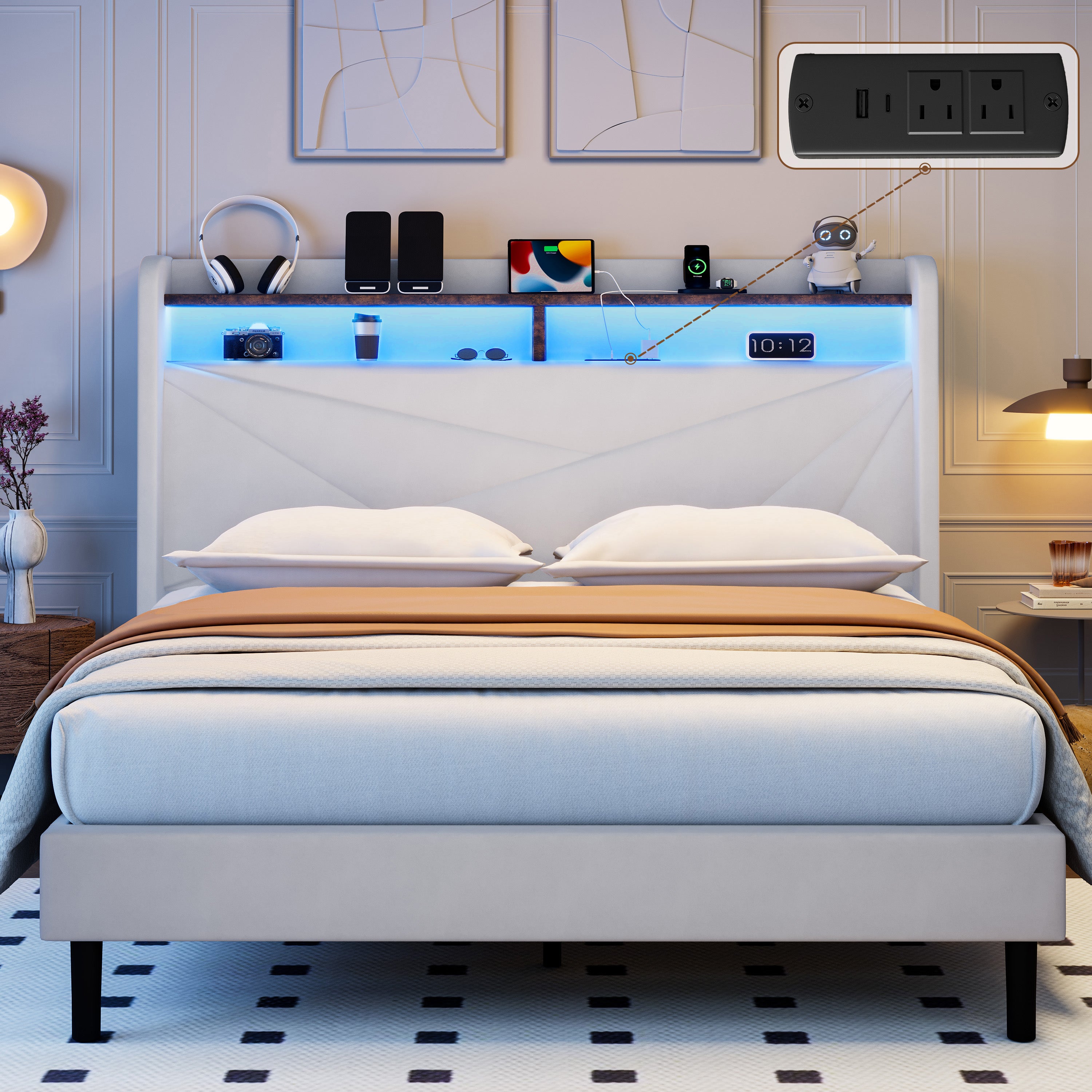 Frostbloom  Upholstered Platform Bed with Geometric Wingback Headboard, LED Light, Storage Shelves & Built-in Charging Station