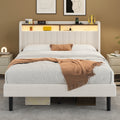 Frostbloom Velvet Bed with Vertical Striped Wingback Headboard, Double Storage Shelves & Built-in Outlets