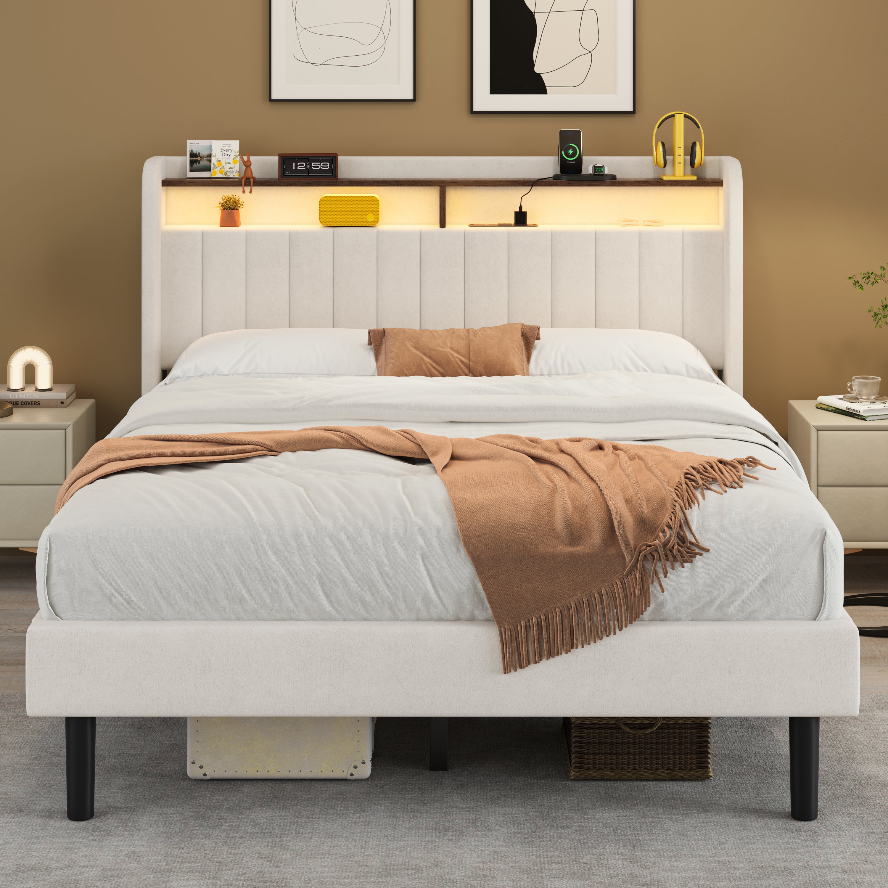 Frostbloom Velvet Bed with Vertical Striped Wingback Headboard, Double Storage Shelves & Built-in Outlets