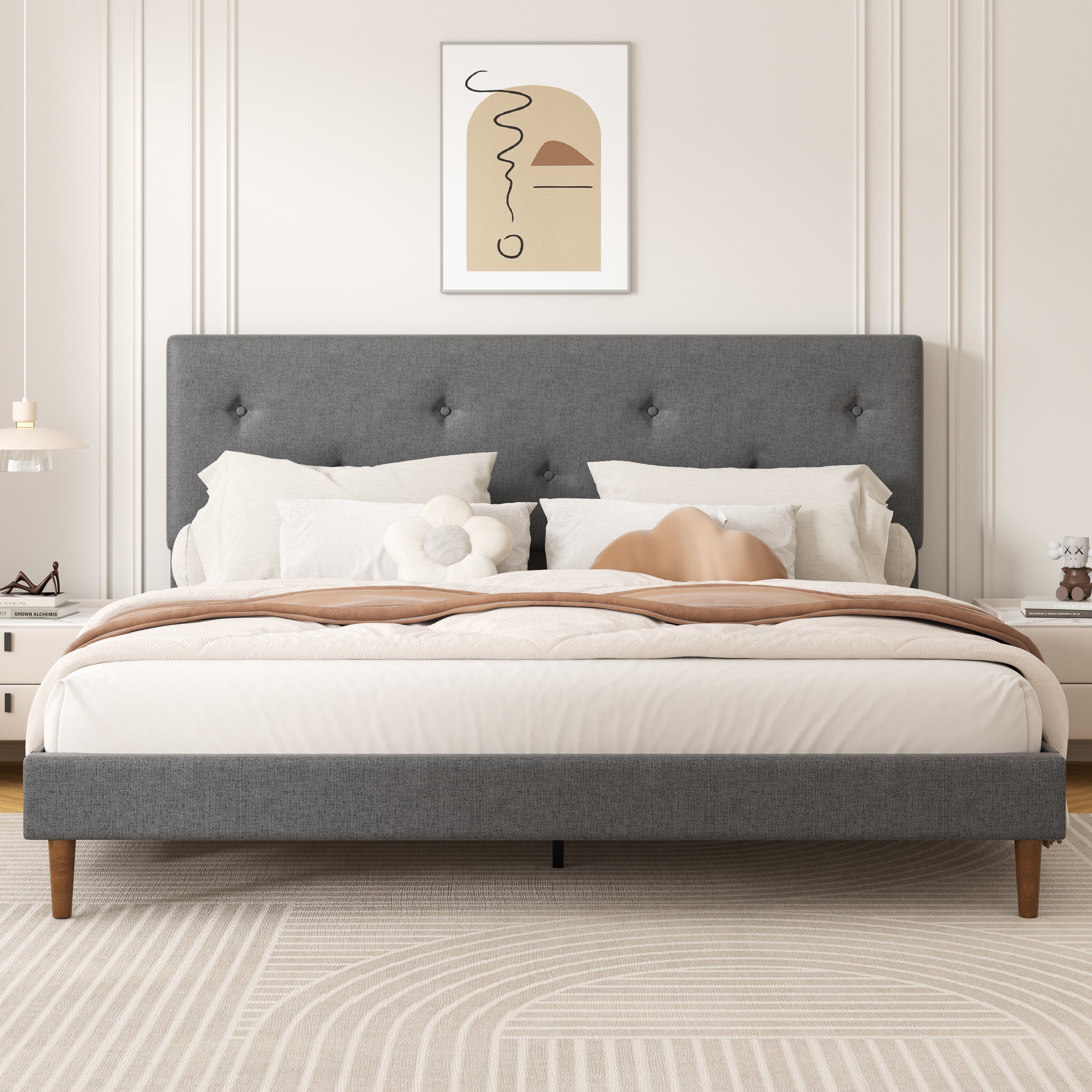 Frostbloom Linen Upholstered Platform Bed Frame with Adjustable Headboard