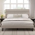 Frostbloom King Size Platform Bed Frame with Linen Fabric Upholstered Headboard, No Box Spring Needed, Beige