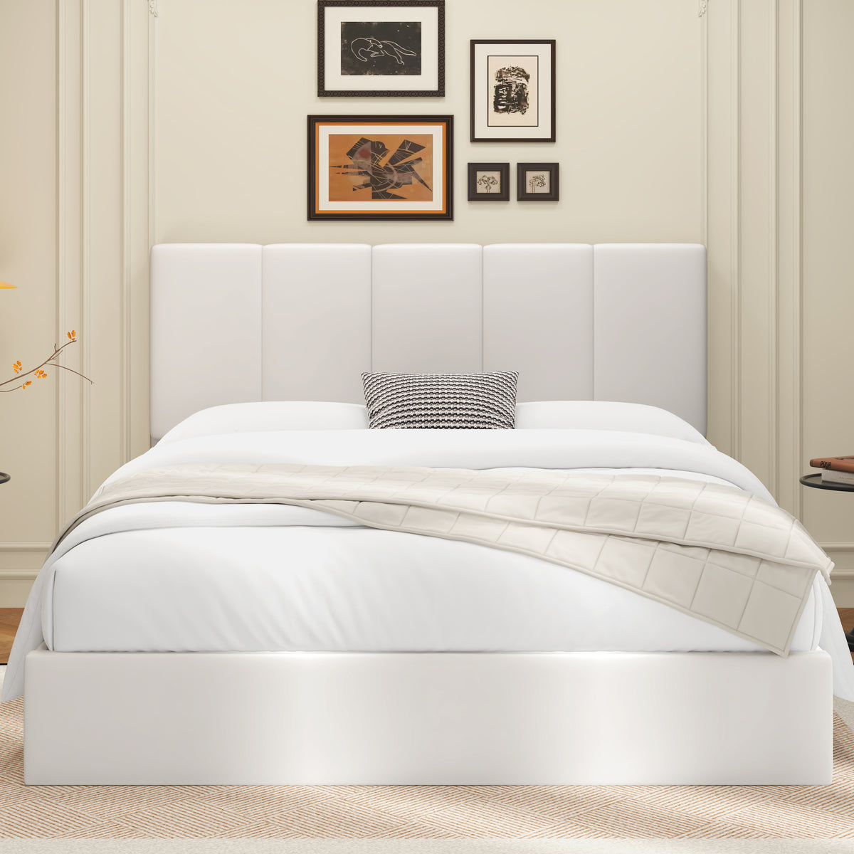 Frostbloom Full Size Lift-Up Storage Platform Bed with Velvet Wide Vertical Channel Tufted Upholstered Headboard, White